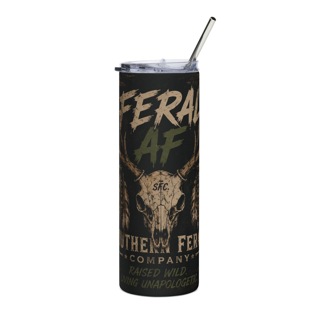 20oz Tumbler — 'FERAL AF' Rustic Deer Skull Stainless Steel Travel Cup