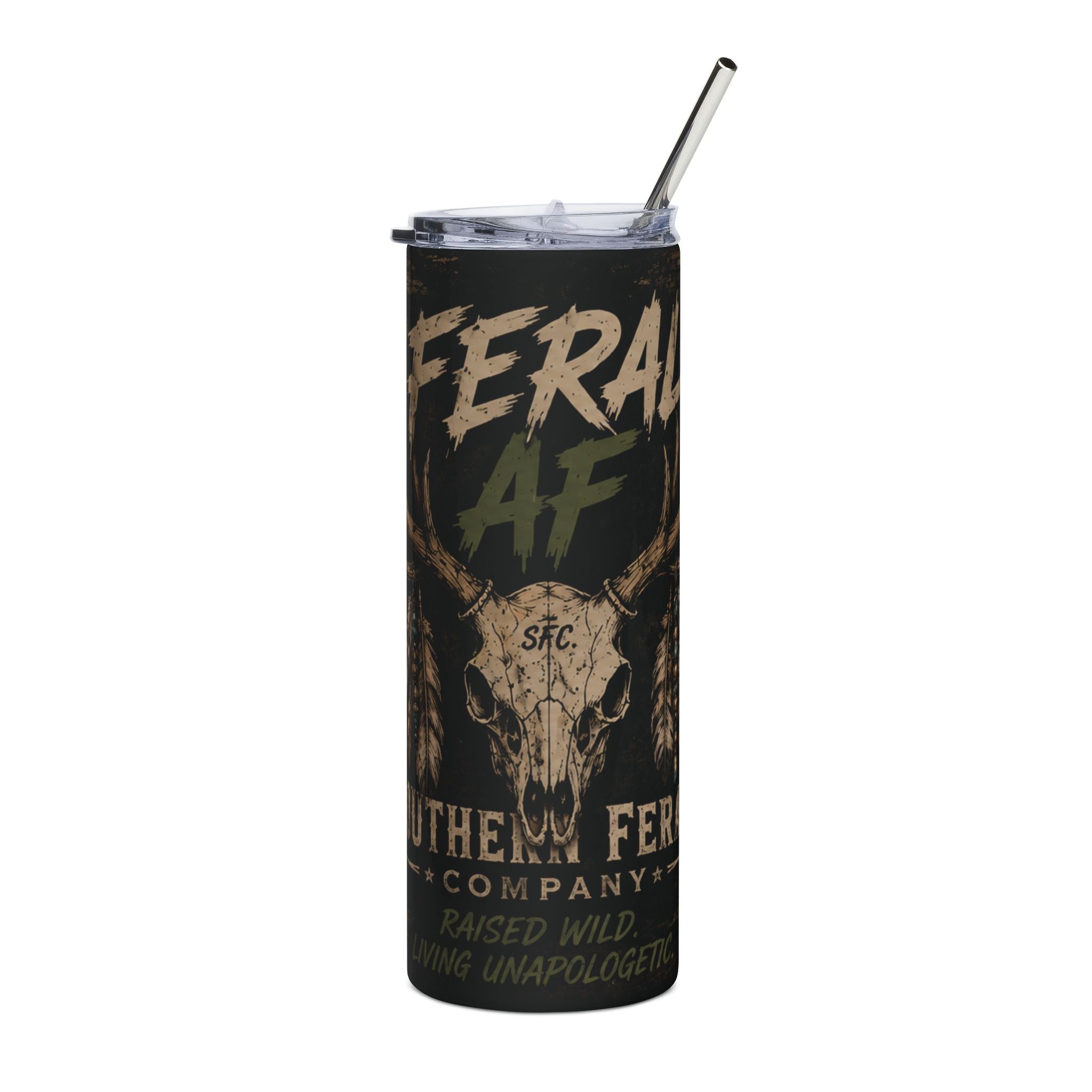 20oz Tumbler — 'FERAL AF' Rustic Deer Skull Stainless Steel Travel Cup