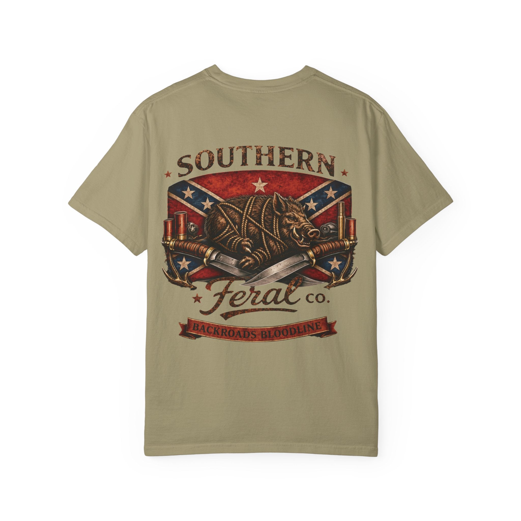Southern Feral graphic T-Shirt | Confederate flag shield, hog skull, vintage western