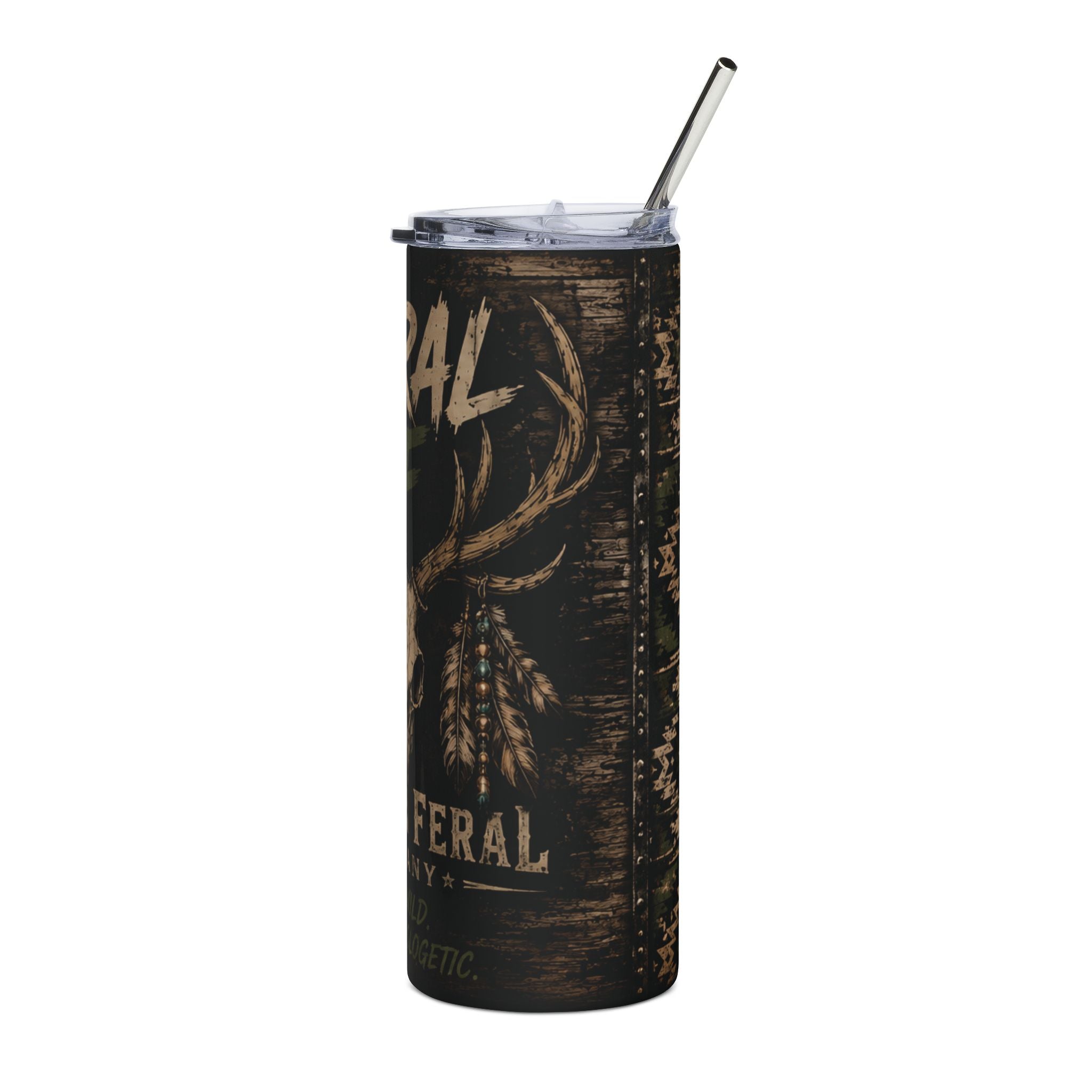 20oz Tumbler — 'FERAL AF' Rustic Deer Skull Stainless Steel Travel Cup