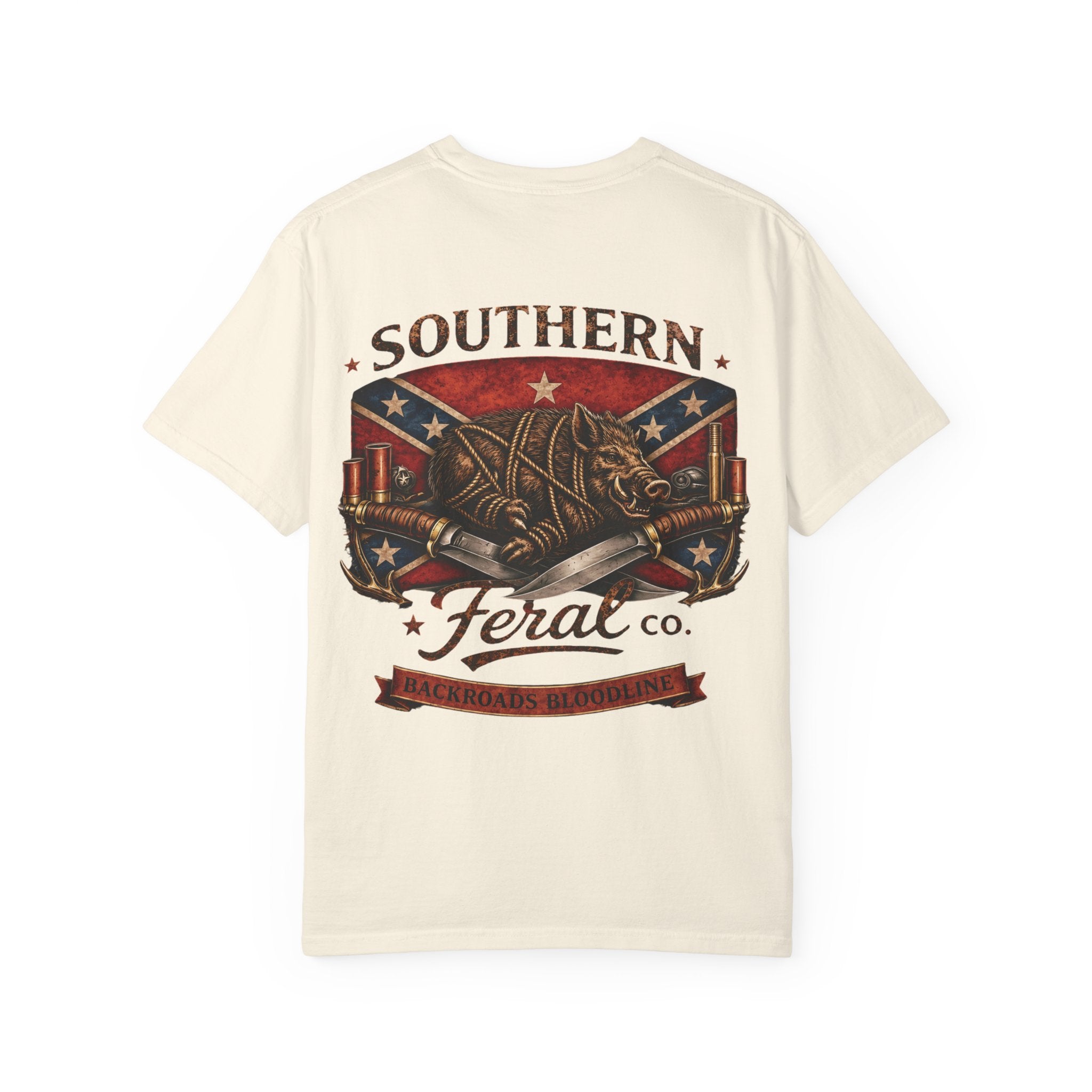 Southern Feral graphic T-Shirt | Confederate flag shield, hog skull, vintage western
