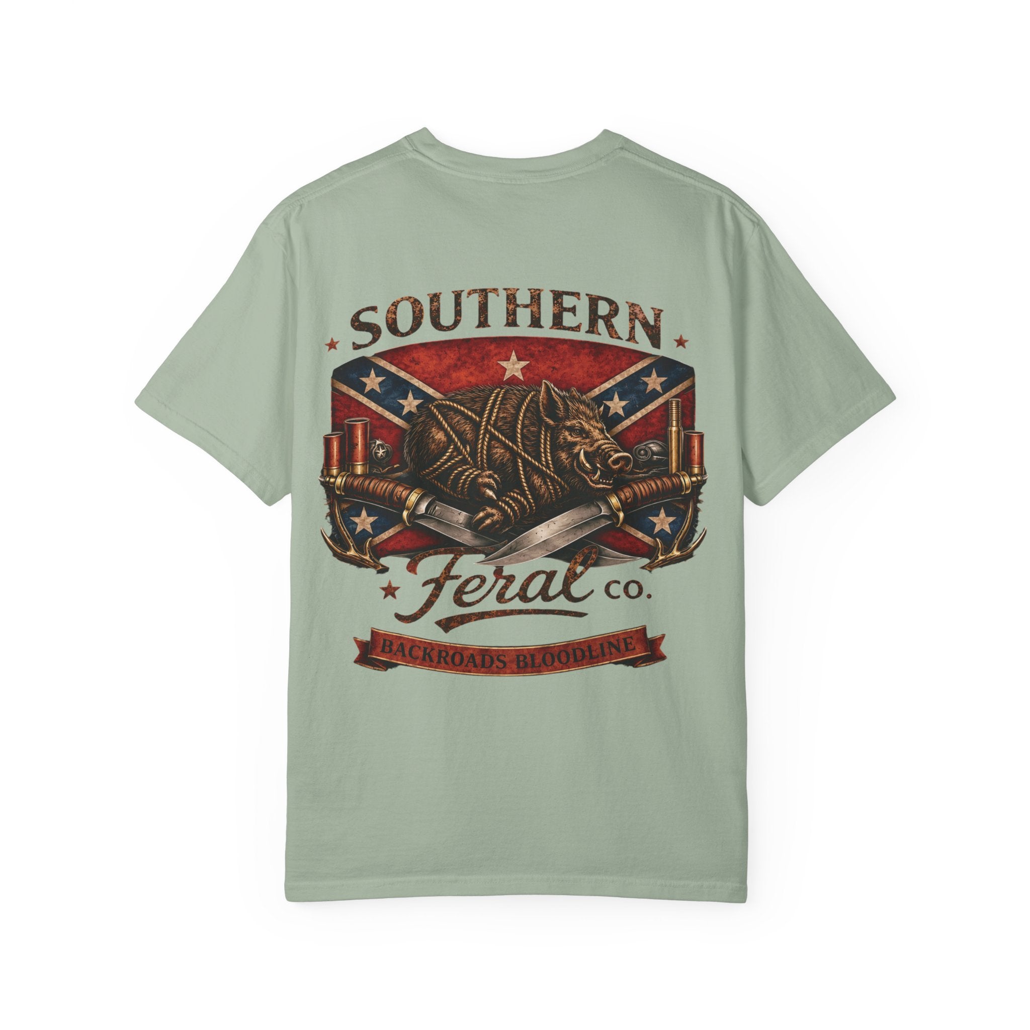 Southern Feral graphic T-Shirt | Confederate flag shield, hog skull, vintage western